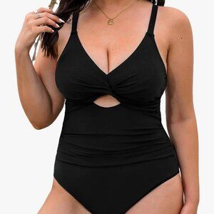 Cupshe. Black XXL/2X swimsuit. Twist front cutout. Tummy control.